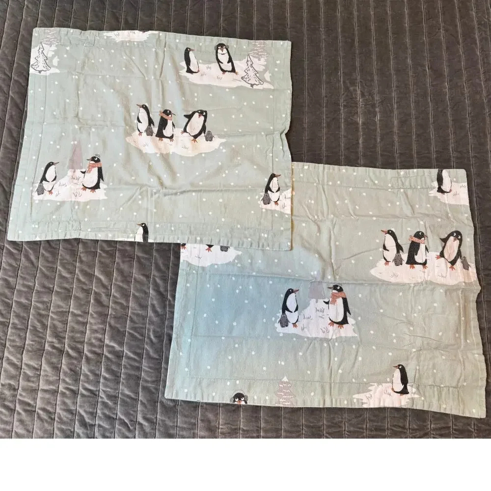 True North Playful Holiday Winter Penguins Mint Green Cotton Flannel Duvet Set